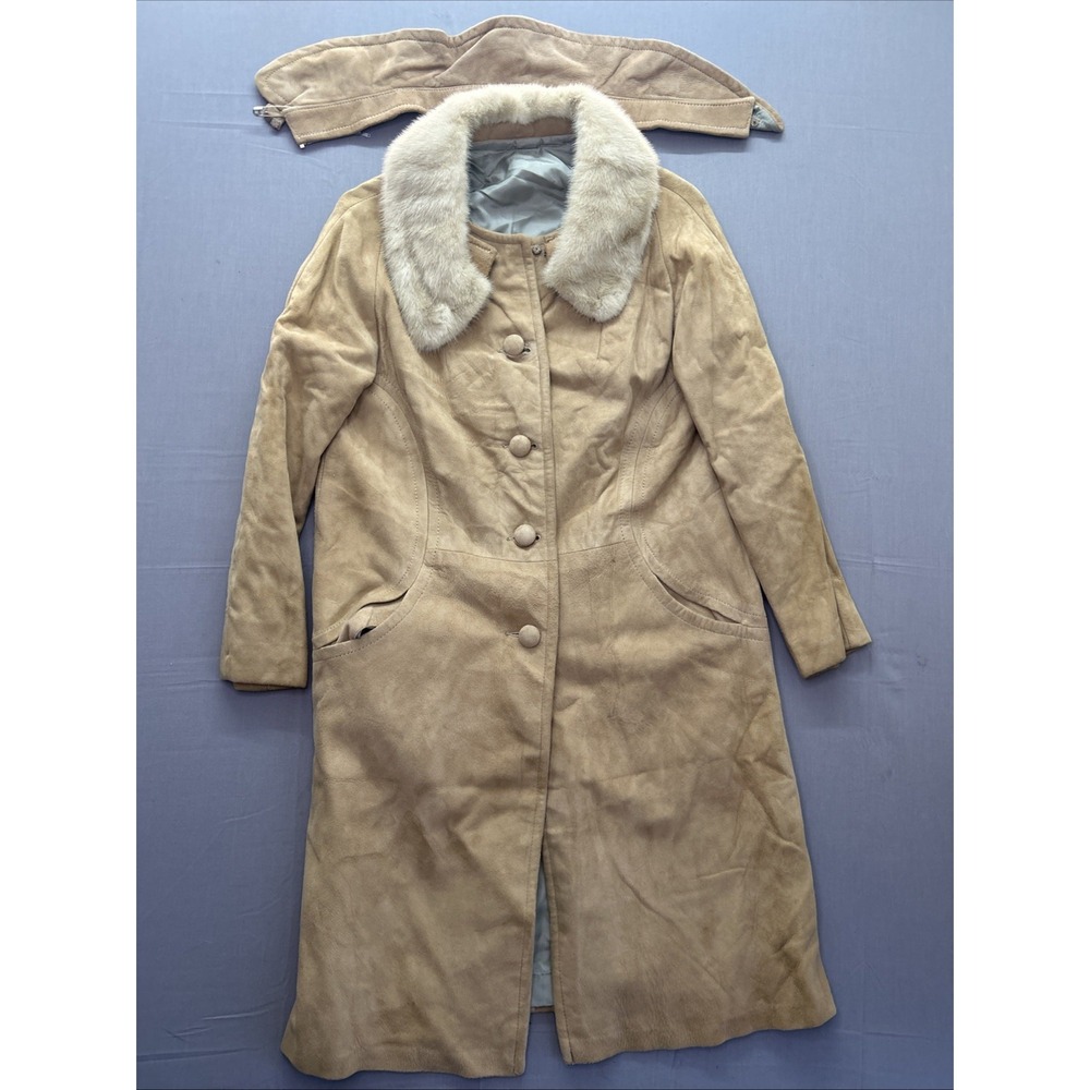 Vintage Highlander Suede Coat Interchangeable Rabbit Fur Collar Brown Womens 14